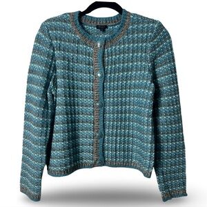 Talbots Petite Women’s Blue Tweed Knit Cardigan Decorative Crest Buttons Sz. MP